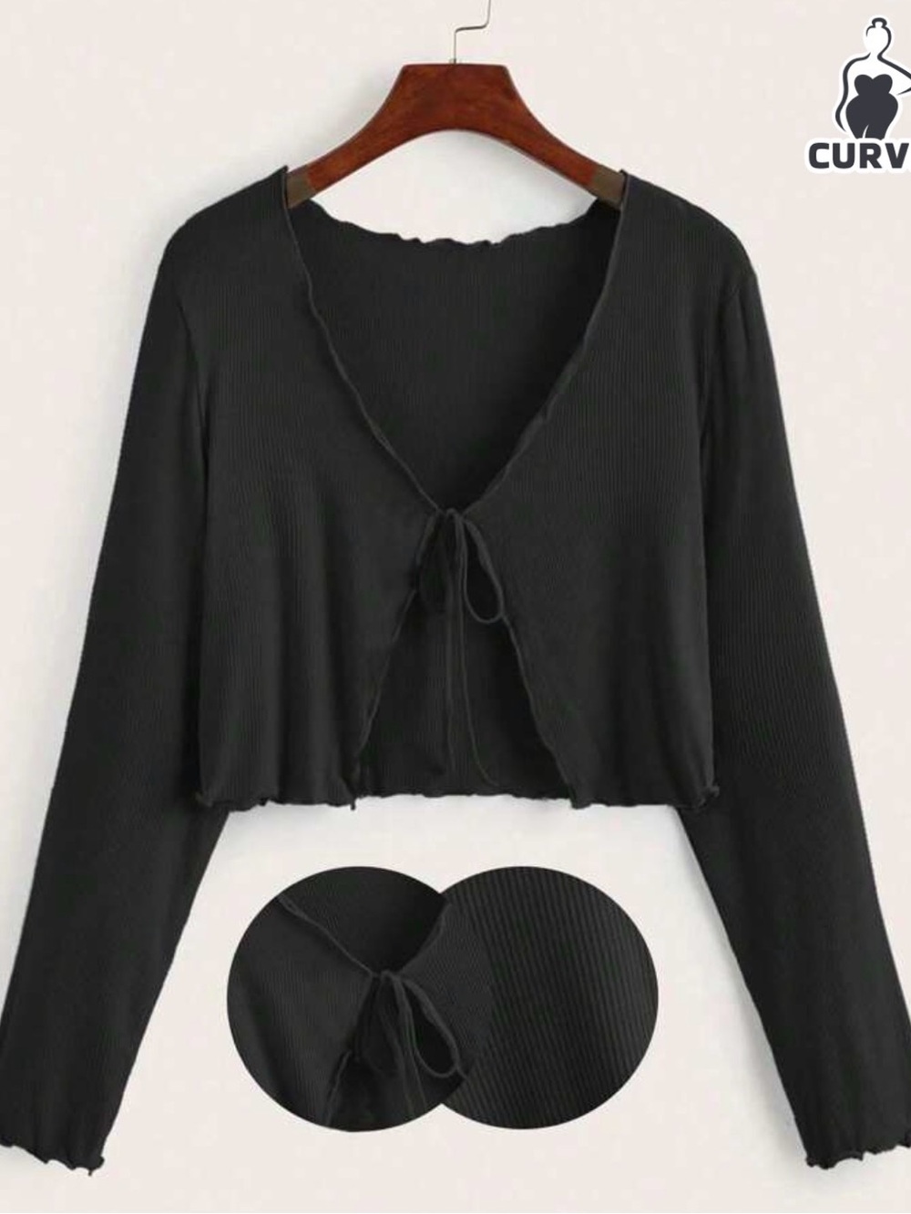 SHEIN Black Ribbed Tie-Front Long Sleeve Crop Top